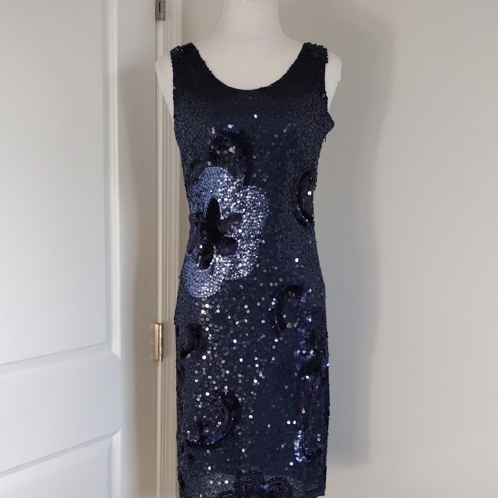 Mikael Aghal Glamorous Sequin Floral Mini Dress - Navy and Black 2